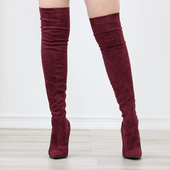 Wine Women's Thigh High Boots Faux Suede Pointed Toe Stilettos - Picture 8 of 15